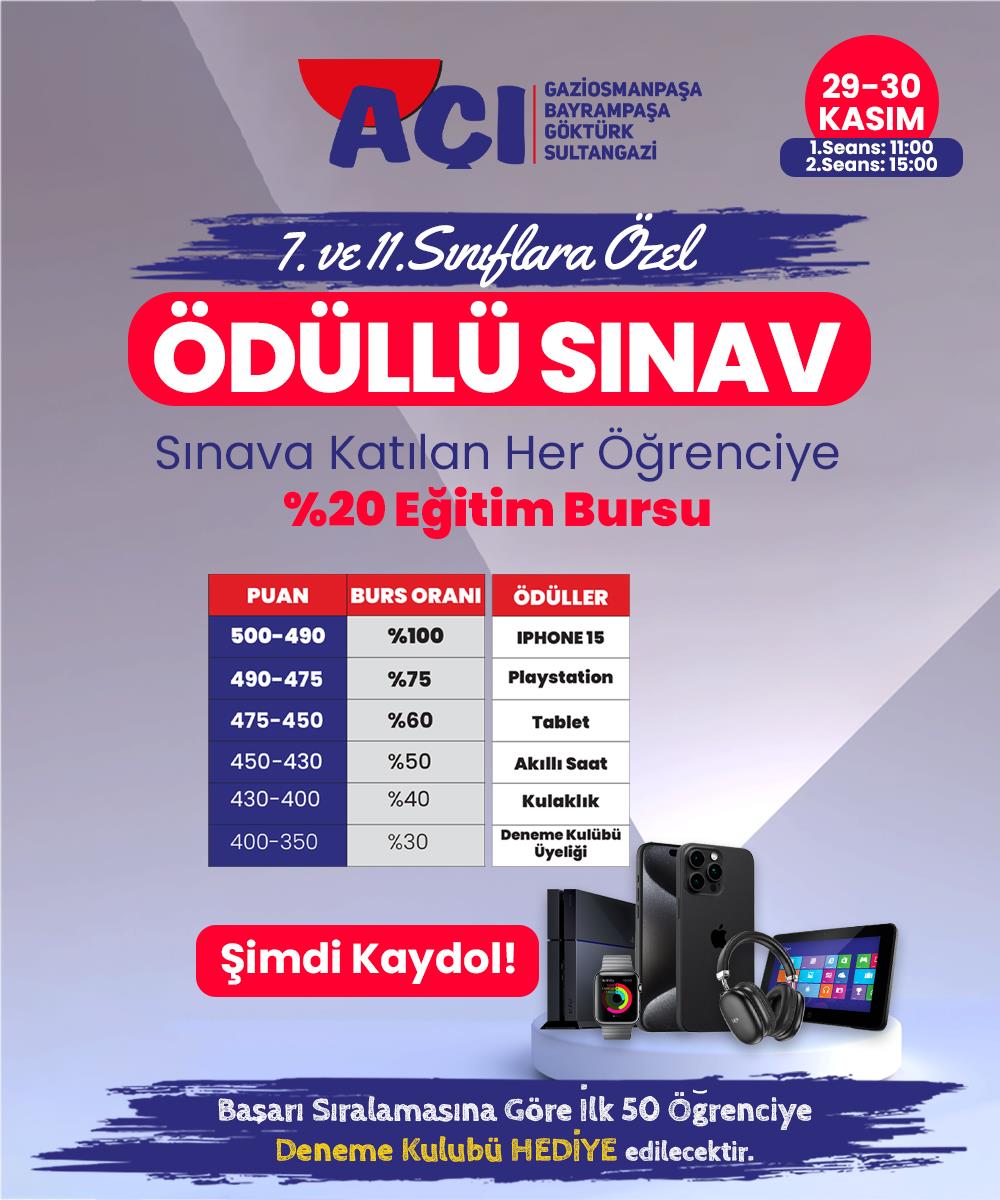 7 ve 11.Sınıflara Özel Ödüllü Bursluluk Sınavı 